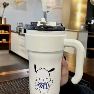 alpha hub’s large capacity cartoon insulated tumbler mug with handle & straw – stainless steel