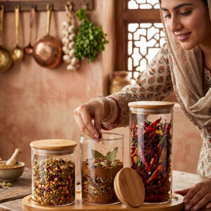 pack of 3 airtight glass kitchen storage jars with natural wooden lids – borosilicate glass containers
