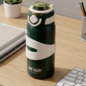 alpha hub’s one enjoy 500ml vacuum insulated sports forest green bottle with carabiner & protective sleeve – stainless steel