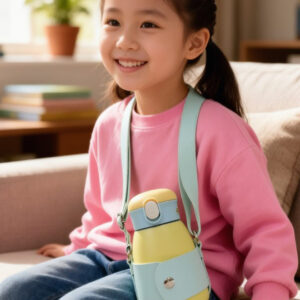alpha hub’s cute pastel "belly" insulated kids water bottle with straw & leather strap – stainless steel
