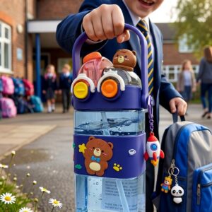 creative 3d cartoon bear dual use dark blue water bottle with straw & carry strap – leak proof kids' school bottle