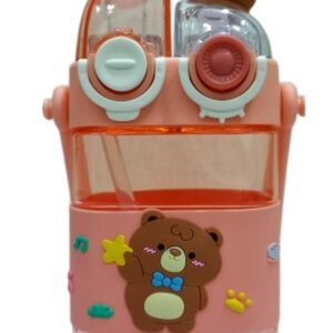 creative 3d cartoon bear dual use peach pink water bottle with straw & carry strap – leak proof kids' school bottle