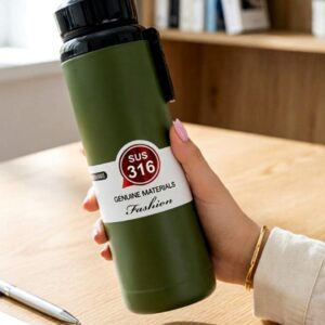 premium sus 316 stainless steel vacuum flask – medical grade insulated army green water bottle with carry loop 1000ml