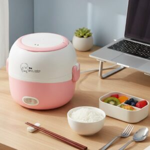 portable electric heating lunch box & mini food steamer – double layer stainless steel insulated bento box pink & blue
