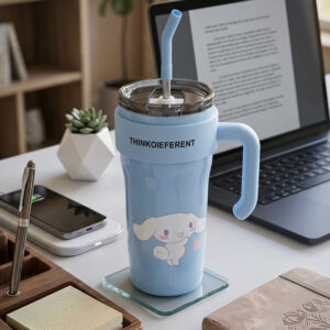 alpha hub’s large capacity cartoon insulated tumbler mug with handle & straw – stainless steel