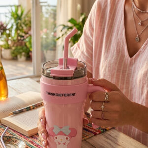 alpha hub’s large capacity cartoon insulated tumbler mug with handle & straw – stainless steel