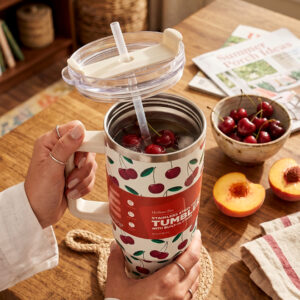 alphahub's hydrate pro 40oz stainless steel vacuum tumbler cherry print edition