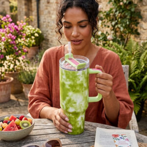 alphahub's matcha tie dye 40oz insulated tumbler – green marble series with comfort grip handle