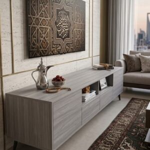 Modern wooden TV table with drawers and open storage shelves - Image 1