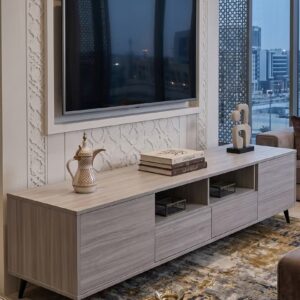 Modern wooden TV table with drawers and open storage shelves - Image 2