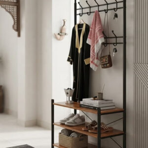 Black metal clothes hanger, stand, and organizer consisting of 3 shelves - Image 2