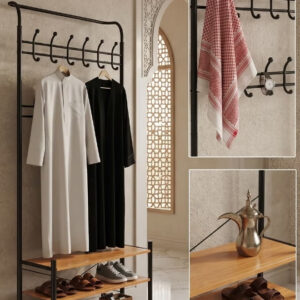 Black metal clothes hanger, stand, and organizer consisting of 3 shelves - Image 4