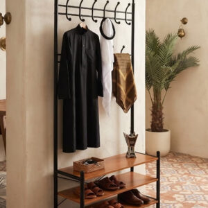 Black metal clothes hanger, stand, and organizer consisting of 3 shelves - Image 5