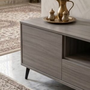 Modern wooden TV table with drawers and open storage shelves - Image 6