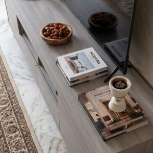 Modern wooden TV table with drawers and open storage shelves - Image 5