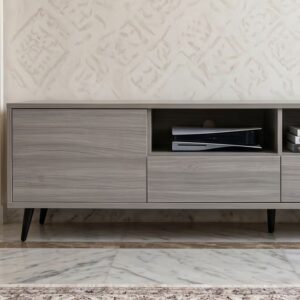 Modern wooden TV table with drawers and open storage shelves - Image 4
