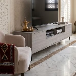 Modern wooden TV table with drawers and open storage shelves - Image 3